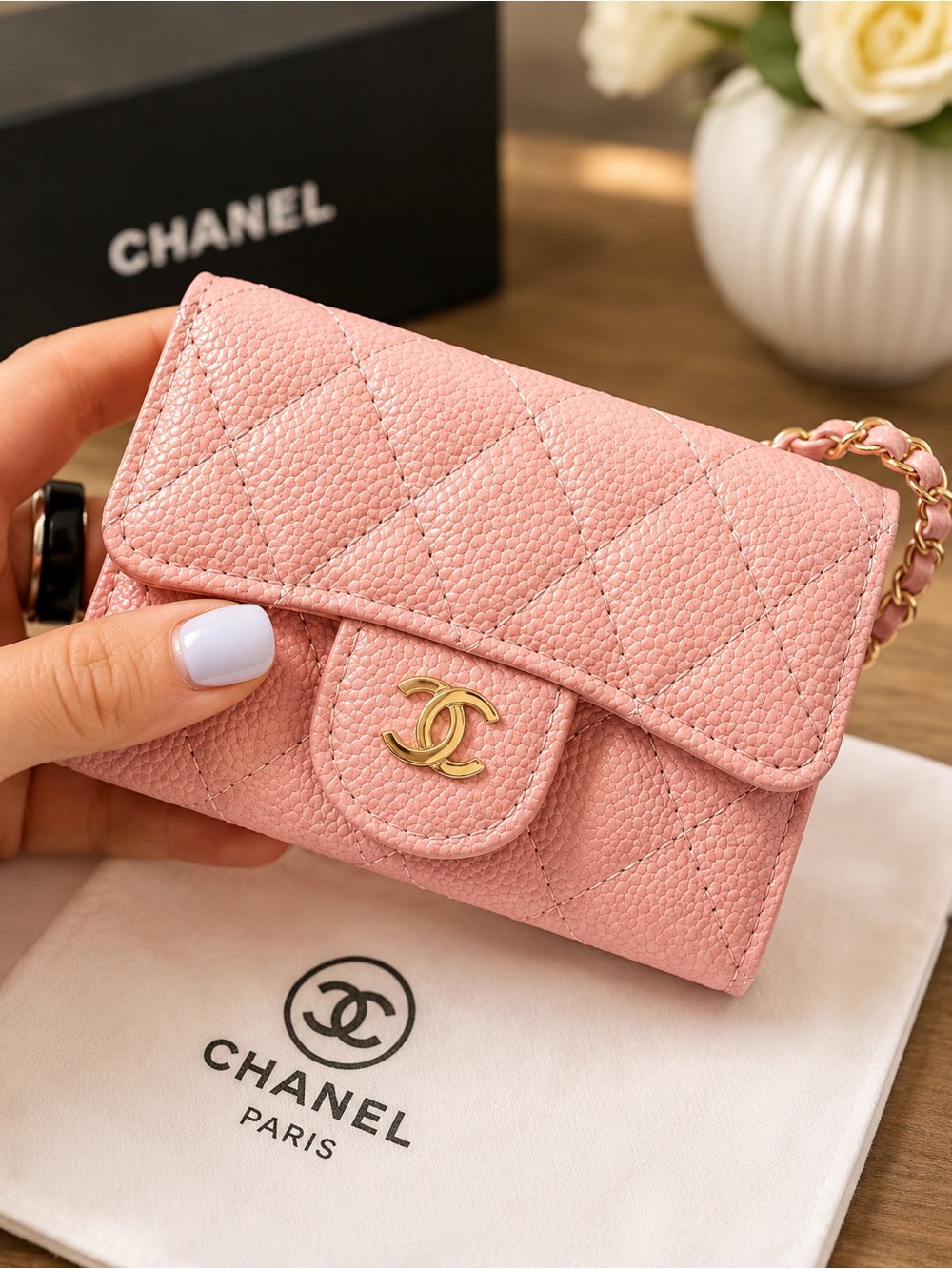 Pink Quilted Mini Wallet on Chain with Gold CC
